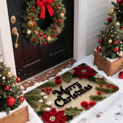 BSITSSS Floral Merry Christmas Door Mat, Christmas Mat Wear-Resistant and Dirt-Resistant, ChristmasDoormat Non-Slip, Multicoloured Xmas DoorMat for Indoor Outdoor, 40x60cm
