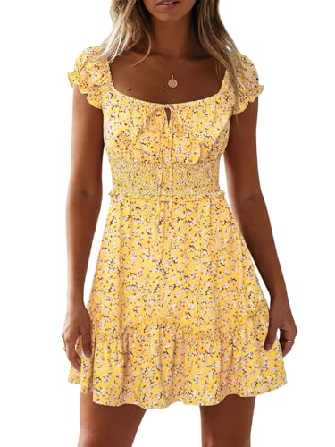 Image of YOBECHO Womens Summer Sexy Sweetheart Collar Printed Ruffle Mini Dress Light Yellow