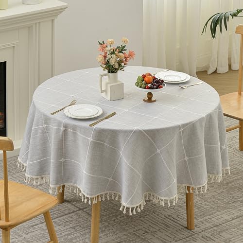 Lattice Embroidery Plaid Round Tablecloth with Tassel, Round 48 Inch, Grey by Yomeri - Used condition - Image 2