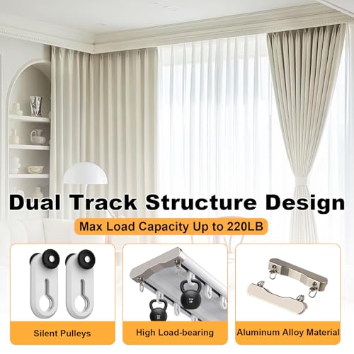 Image of Double Curtain Track Ceiling Mount, Silent Aluminum Track Curtain Rail, Heavy-Duty Double Row Ceiling Curtain Tracks Rod Sliding Rails for Curtains, Room Divider for Living Room Bedroom (15ft)