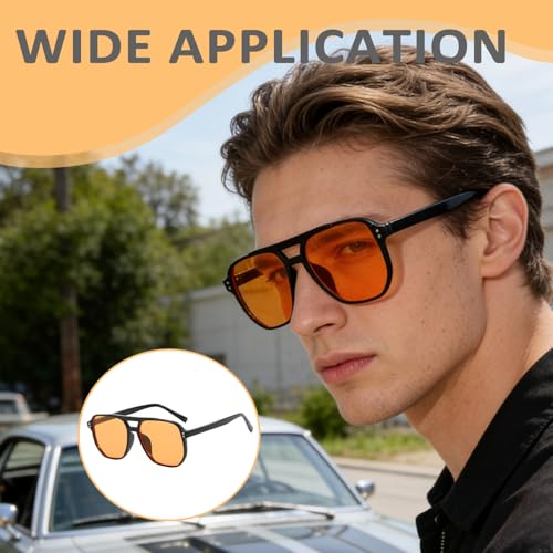 SquishyWorld Retro Sonnenbrille Herren Damen 70er Style Pilotenbrille Orange Gläser Schutz Vintage Große Rechteckige Sonnenbrillen für Autofahren Party Festival Schwarz Glänzend 1 Stück