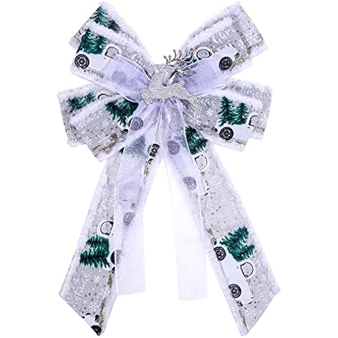 KKBES Christmas Burlap Bows Knot Wreath Bow Christmas Tree Topper Decorative Bowknot Ornament for Christmas Holiday Party Supplies, Grey and White Cover