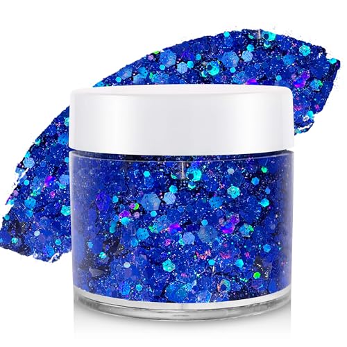 Paminify 4th of July Blue Face Hair Glitter Holographic Royal Blue Cheer Body Glitter Gel Patriotic Accessories for Independence Day Fourth of July Outfits for Women Rave Festival Makeup