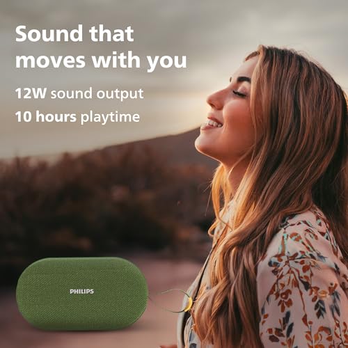 Image of PHILIPS TAS1400GY Wireless Bluetooth Speaker with Deep Bass, Passive Radiator, 12W Sound Output, 1200mAh Rechargable Battery, RGB Light Modes, 10H Playtime, Supports TF /USB (Willow Bough)