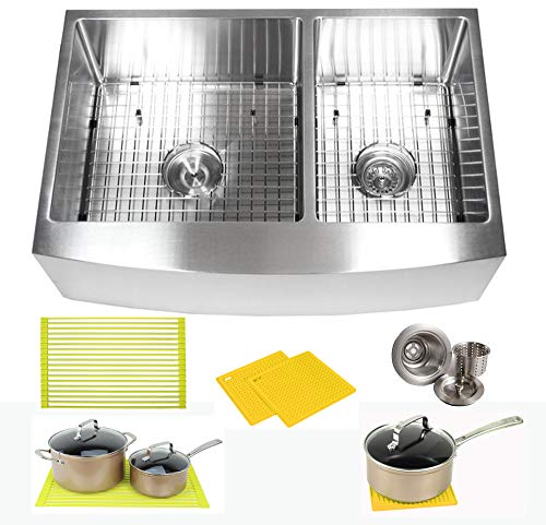Premium 33 Inch Farmhouse Apron Front Stainless Steel Kitchen Sink Package - 16 Gauge Curved Front Double Bowl Basin - Complete Sink Pack + Bonus Kitchen Accessories