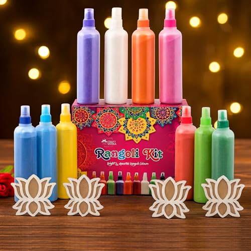 CraftVatika 10 Rangoli Colour Powder Tube Kit with 4 Lotus Stenci...