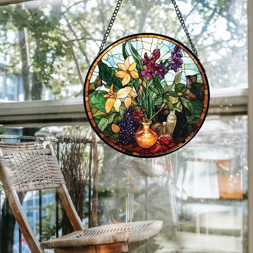 QZQCBLC Stained Glass Window Hanging Berry Plant Purple Yellow Flowers in Vase Large 15" - Suncatcher Door Garden Sun Catcher Home Decor Birthday Christmas for Mom Men Woman Nana by QZQCBLC - Used condition - Image 5