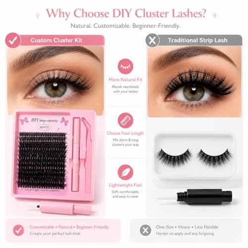 Image of 240 Clusters 80D Volume DIY Segment Lashes - D Curl 10-16mm, Individual Eyelash Extensions Kit with Glue & Tweezer, Natural Fluffy False Eyelashes for Women, Self Adhesive Anime Wink Lashes Bullet Points