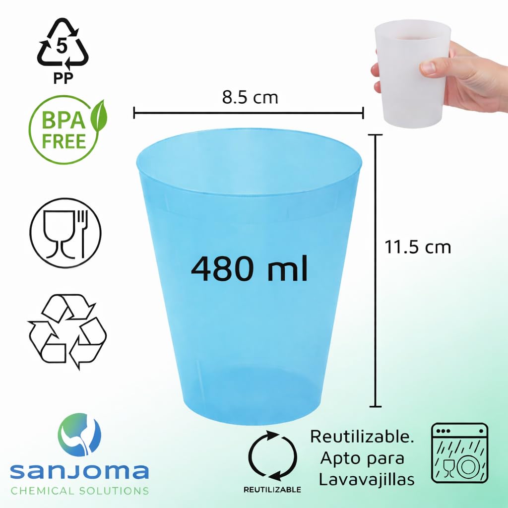 Vasos de Fiesta Reutilizables de Colores (480 ml) - Brillan con Luz Negra - Vasos de Plástico Rígido para Cumpleaños, Eventos Infantiles y Celebraciones - Aptos para Lavavajillas (100, Azul)