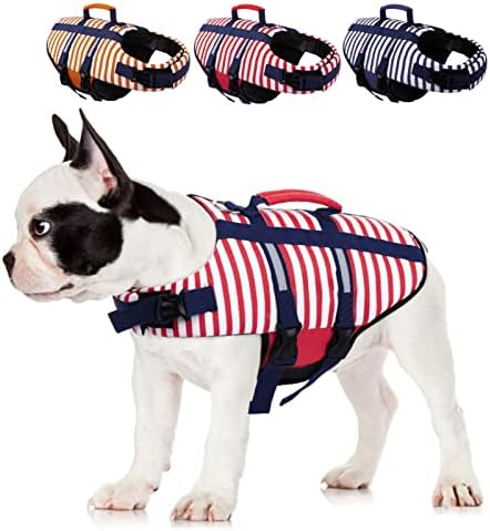 MORVIGIVE Striped Dog Life Jacket, Ripstop Dog Life Vest Preserver for Boating & Swimming with Rescue Handle, Reflective Puppy Float Coat Pet Swimsuit with Adjustable Straps and Side-Release Buckles