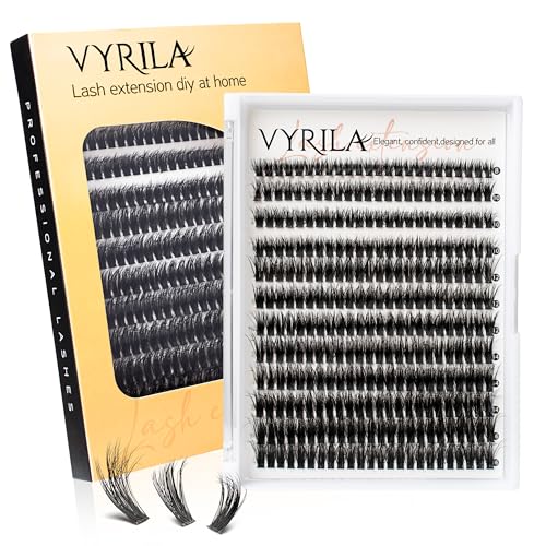 VYRILA Lash Clusters 8-16mm, False Eyelashes 288pcs, Cluster Eyelash Extensions Matte Black Soft, Diy Lash Extensions D Curl Natural Lash Clusters Faux Mink Lashes Wispy（Pizazz,288pcs,0.07,D,8-16MIX)