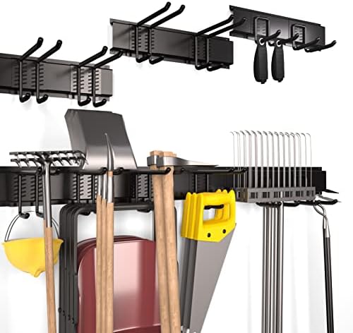 Mayyol Garage Wall Mount Tool Storage Rack - Lawn Organization - Yard Tools Hanger - Organizer Holder with 6 Adjustable Heavy Duty Hooks for Garden Tools, Max Load 350lb, Black