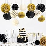 NICROLANDEE Black Gold Party Decorations,12PCS Paper Lantern Tissue Pom Poms Black and Gold Hanging Backdrop Decor for 2026 Graduation New Year Birthday Christmas Party Supplies - Image 5