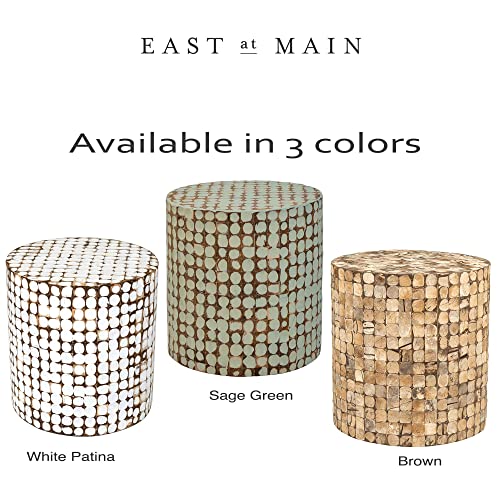 East At Main Round Side Table - 16”Dia X 16.5” H Living Room, Entryway, Small Spaces, Bedside Tables - Real Coconut Shell Mosaic Inlaid, Pre-Assembled, Natural And Sage Green Patina Finish #TOP7