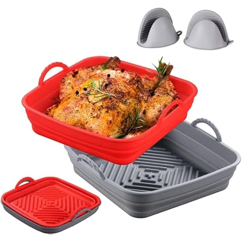 2Pcs Collapsible silicone air fryer liner square - Reusable air fryer silicone tub, Food safe air fryer oven accessory (8") Cover