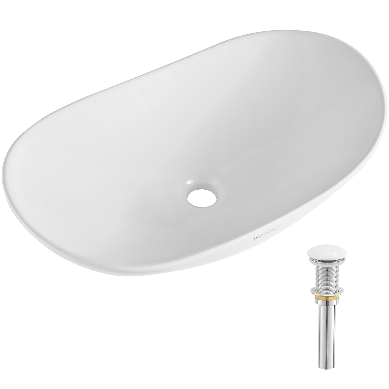 VEVOR Lavabo Ovalado de Cerámica Blanca para Baño, 592 x 361 x 158 mm, Sobre Encimera, Estilo Moderno, Bien Empaquetado para Hotel, Inodoro, RV, con Fregadero de Vasija