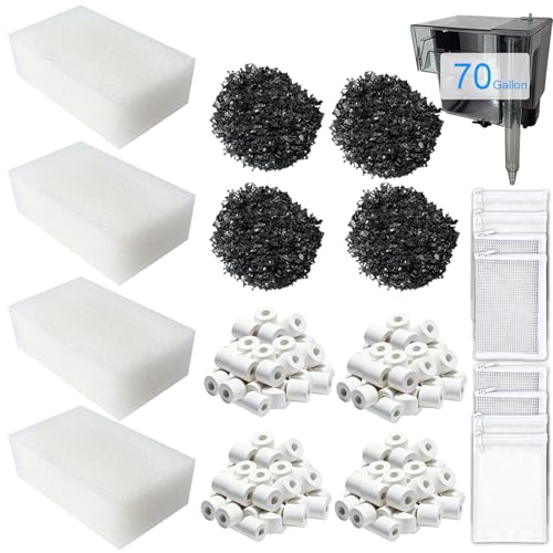 Image of 4 Set Three-Stage Filtration Maintenance Kit, Replacement for AquaClear 70 Power Filter - Bio Foam, Activated Carbon & Ceramic Rings for 40-to-70-Gallon Aquariums