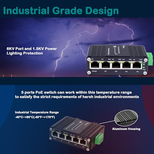 Image of Industrial 5 Ports Gigabit PoE Switch, Mini Ethernet Switch with 4 x Gigabit PoE+ Ports & 1 x Gigabit Port, 802.3af /at 30W /Port, Plug & Play, Aluminum Case, Din Rail & Wall Mountable