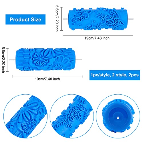 OLYCRAFT 2 Styles 19cm Blumenmuster Malerei Roller Gemusterte Farbwalze Dekorative Gummiwalze Strukturierte Gummiwalzen Wandtextur Schablonenbürste Für Möbel Wand Decke Schränke - Königsblau