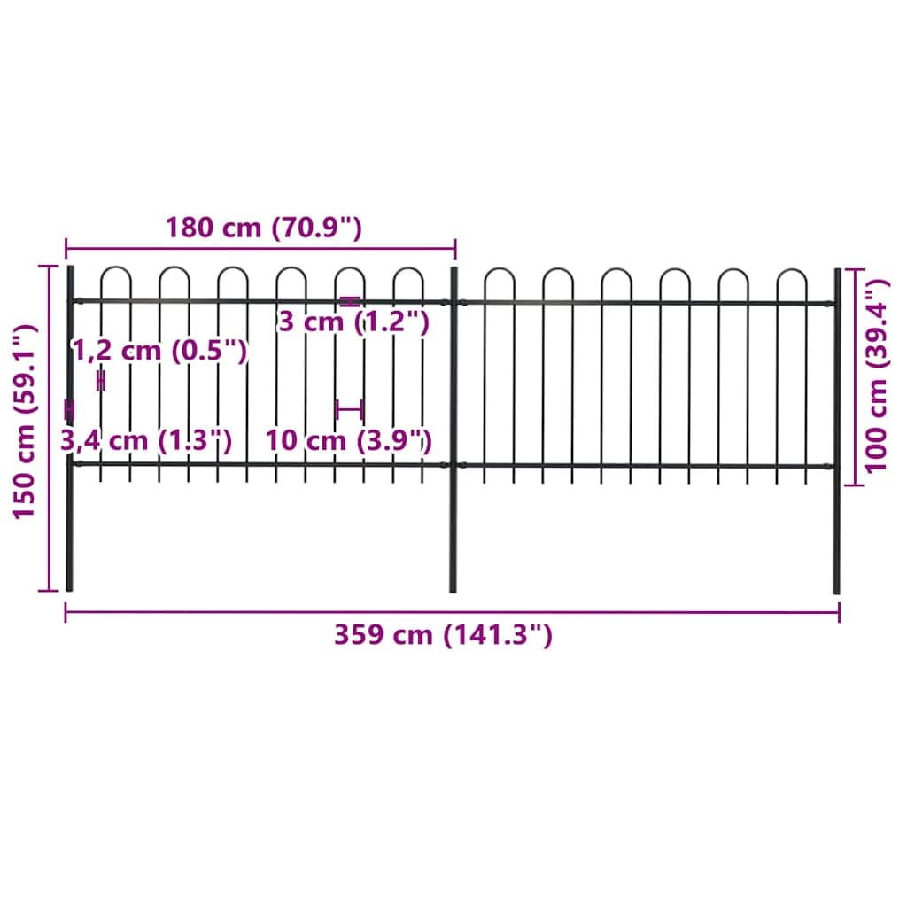 Gartenzaun aus pulverbeschichtetem Stahl, 3,4 Meter lang, 2 Zaunelemente, 3 Pfosten, modernes Bügel-Design, wetterfest und robust für Grundstück, Terrasse, Vorgarten, Sichtschutz