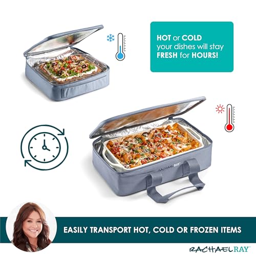 Rachael Ray Lugger Duo, Insulated Casserole Carrier for Hot or Cold Food, Thermal Lasanga Lugger Tote for Potluck, Parties, Picnic, and Cookouts, Fits 9" x 13" Baking Dish, Slate Stripe