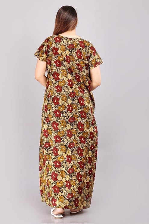 Image of NILOUFO Women's Cotton Printed Maxi Nighty - Pack of 2 | Soft Ankle-Length Sleepwear Gowns for Women | Free Size Night Dresses (Green,Brown, Free Size)