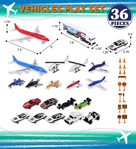 Mozlly Diecast Plane Set - Airport Playset Includes Airplanes, Jet Planes, Helicopters, Traffic Signs, Police Cars, Race Cars, And Street Cars - Airplane Terminal For Kids Pretend Play - 36 Pieces #TOP2