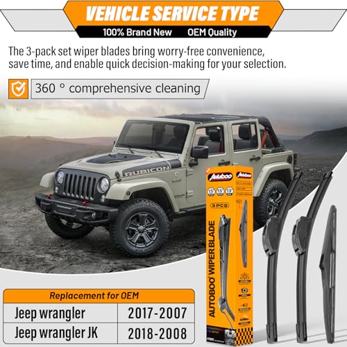 Image of AUTOBOO 15 inch+15 inch Windshield Wipers with 13 Inch Rear Wiper Blade Replacement for Jeep wrangler JK 2008-2018,Jeep wrangler 2007-2017-Original Factory Quality (Pack of 3)