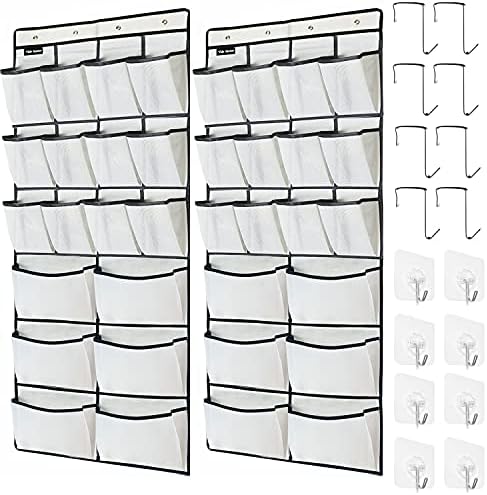 TidyMaster 2 Pack Extra Large Hanging Over Door Shoe Organizers, 12 Mesh Pockets + 6 Large Mesh Storage Various Compartments with 8+8 Hooks Shoes Holder for Closet Bedroom, White (59 x 21.6 inch)…