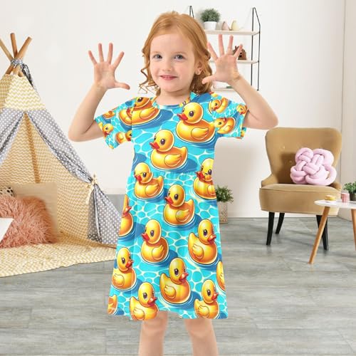 Toddler Girls Short Sleeve Dress Rubber Ducks Swimming Pool Print Summer Casual Sundress for Kids 2T-8T4