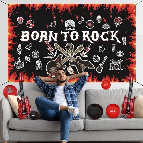 Image of Crenics Rock and Roll Party Decorations - Born to Rock Backdrop Banner, Balloons Arch Kit and Guitar Foil Balloons for Star Music Theme Birthday Party Supplies