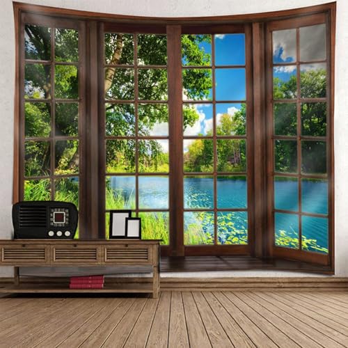 Tapisserie murale 200x200cm tissu décoratif grand paysage lac forêt pour chambre