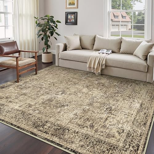 8x10 Area Rug Washable Vintage Neutral Living Room Carpet Large Indoor Non Slip Brown Bedroom Distressed Low Pile Retro Accent Throw Rug for Dining Room