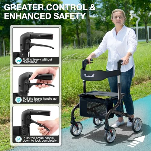Image of PLANET WALK Super Lightweight Rollator Walker for Seniors, Foldable Rolling Walker with Seat and 8 inch Rubber Wheels for All Terrain, Unique Design Aluminium Frame Sturdy Walkers for Traveling - Black