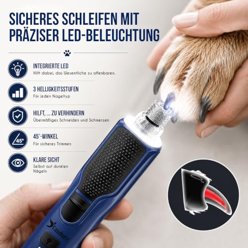 Candure Krallenschleifer für Hunde bis zu 7-Gang Hundepfoten Trimmer, Geräuscharmer Wiederaufladbarer Haustier Krallenschleifer mit 360° LED-Lichtern (Marineblau, Für alle Haustiergrößen)