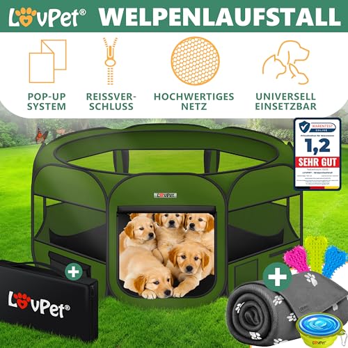 Lovpet® Welpenlaufstall Tierlaufstall Faltbar für Kleintiere Hunde, Katzen Inkl. Hundenapf und Fleece Decke Hundelaufstall Freigehege Oxfordgewebe Pop-up System Indoor & Outdoor, Khaki