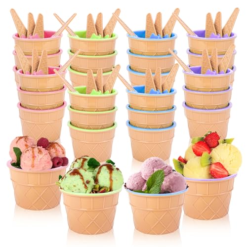 24 Pcs Ice Cream Bowls, Plastic Cartoon Ice Cream Cups and Spoons...