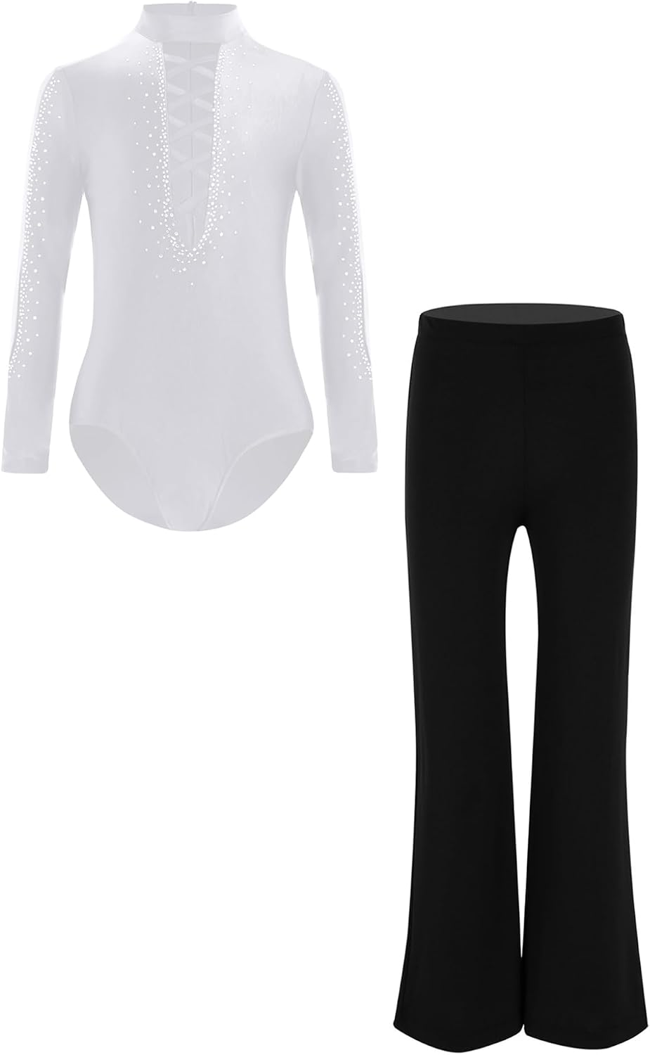 JanJean Latin Dance Leotard for Kids Boys Rhinestones Long Sleeve Crisscross Bodysuit with Pants for Stage Performance