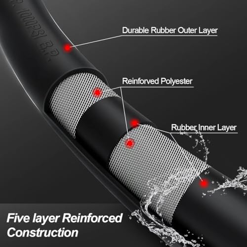 Image of Guitrees 2026 Upgraded Garden Hose 50FT x 5 /8 inch, Heavy Duty Rubber Water Hose with Five Layered Braiding, Swivel male and female Nickel-plated Brass Fittings, 1000PSI Burst, 300PSI Working (Black)