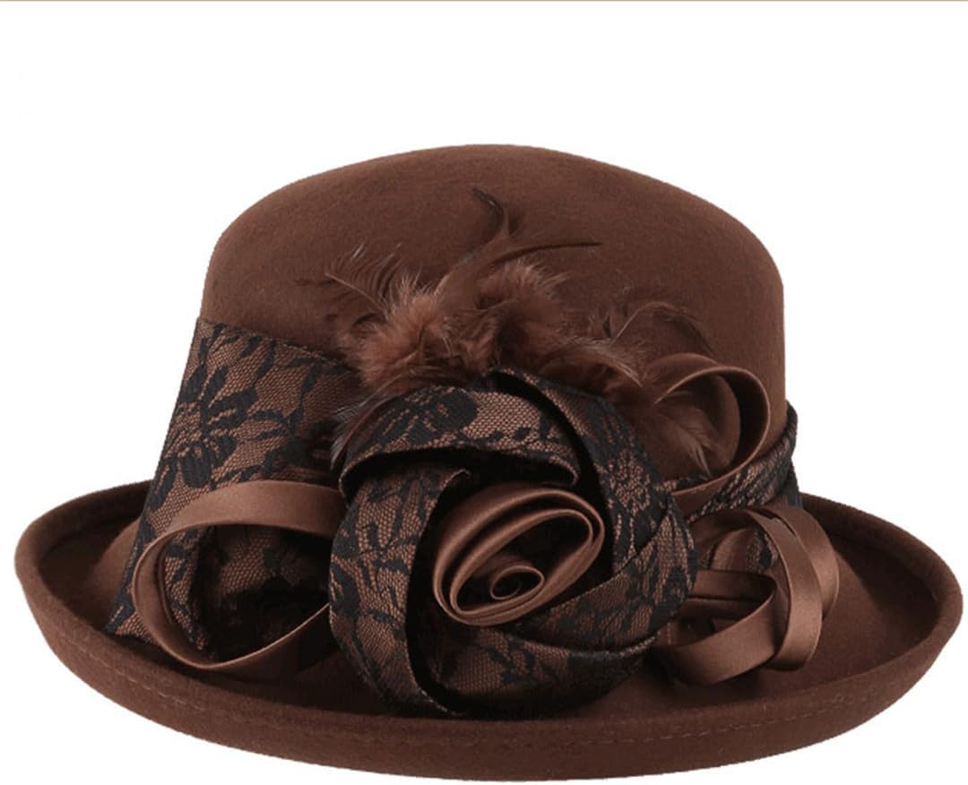 Bciopll Vintage Black Wool Cloche Hats Wide Brim Fedora Hat for Women Flower Red Brown Felt Winter Bowler Cap Black Wool Fedora M (56-58cm)