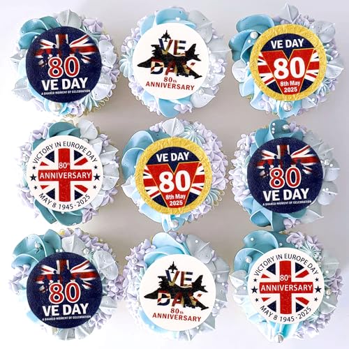 Blumomon 48pcs Edible VE Day 80th Anniversary Celebrate Victory in Europe with Edible Wafer Paper Cake Toppers Picks WW2 Remembrance Cake Decorations Supplies