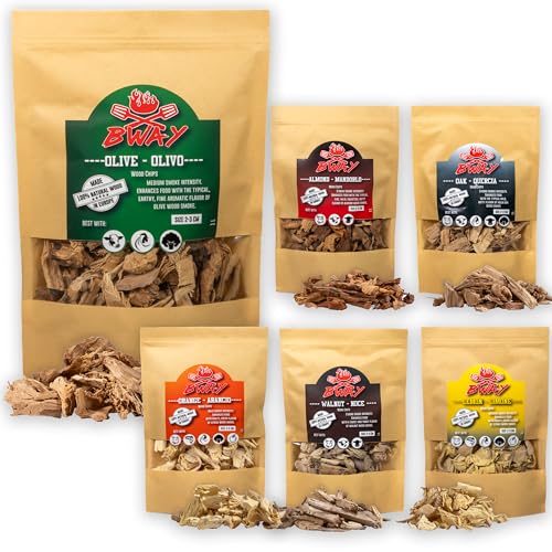 Chips Ahumado - Madera ahumada BBQ - 6 x 1 litro de Olivo, Naranja, Almendra, limón, Nuez y Roble
