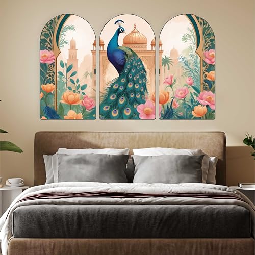 Image of Livin'luxe Peacock Wall Art | Set of 3 MDF Panel Paintings | Floral Mughal Palace Theme Decorative Wall Hanging for Living Room, Bedroom & Home Decor