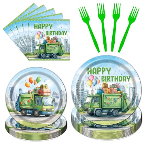 Deorfuy Trash Truck Birthday Party Decorations, 96PCS Garbage Truck Birthday Paper Plates and Napkins Tableware Decoration Cartoon Garbage Truck Forks Decor Baby Shower Supplies, Serve 24