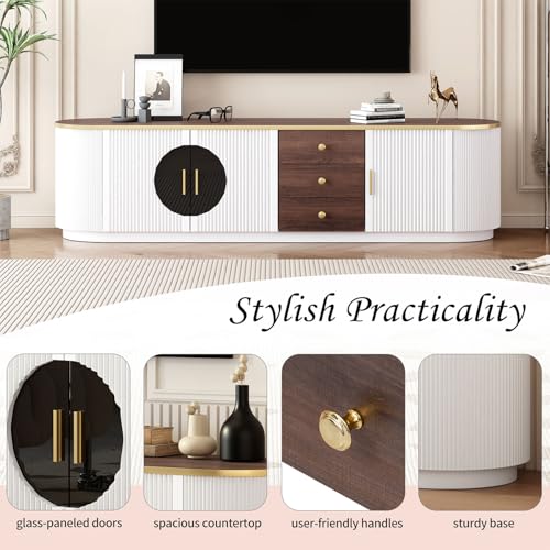 Image of 70.8 inch Modern TV Stand with Glass Doors & Storage Drawers, Fluted Media Console for TVs Up to 90 inch, Entertainment Center with Shelves & Cable Management - Gold Accents, Walnut Finish,White