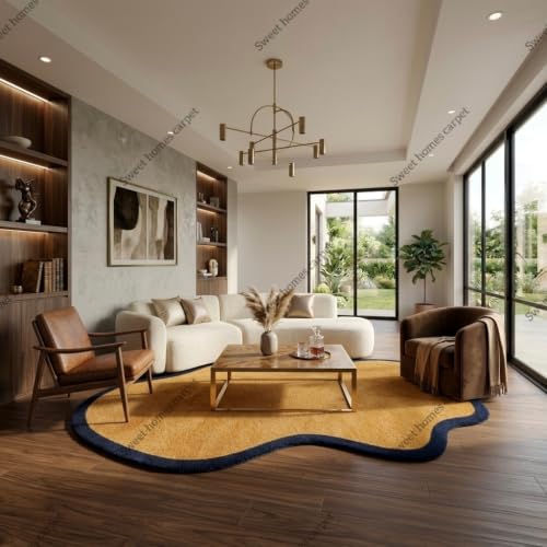 Image of SWEET HOMES Yellow Carpet for Living Room Handwoven Shaggy Ultra Soft Plush Irregular Rug, 6 x 8 Feet (183 x 244 cm), Yellow & Blue