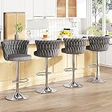 AWQM Grey Bar Stools Set of 4,Modern Swivel Bar Chairs Velvet Counter Height Barstools,Adjustable Kitchen Island Chairs with High Back & Footrest for Home Pub,Big Round Base