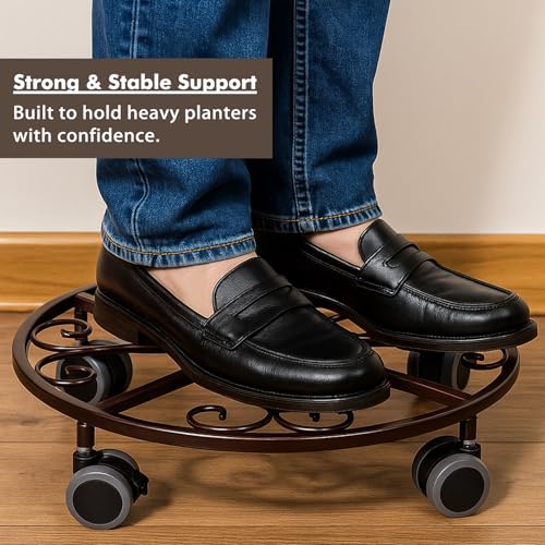 Planterhoma 3 Pack Plant Caddy with Wheels & Saucers, 11.8" Heavy Duty Metal Rolling Plant Stand, Plant Dolly with Lockable Casters, Rustproof Iron Planter Mover for Indoor Outdoor, Bronze by Planterhoma - Used condition - Image 5