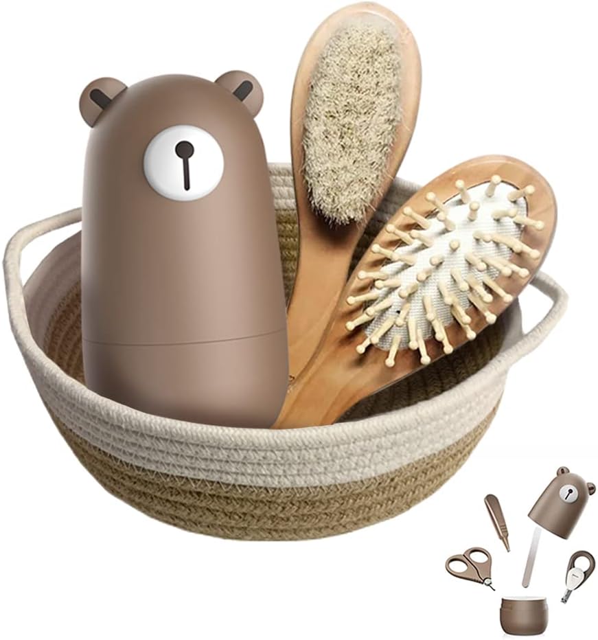 Baby 7 in 1 Grooming Set Nail Scissors Nail File Tweezers Natural Wood Hair Comb Storage Basket for Children and Newborns in a Beautiful Gift Box