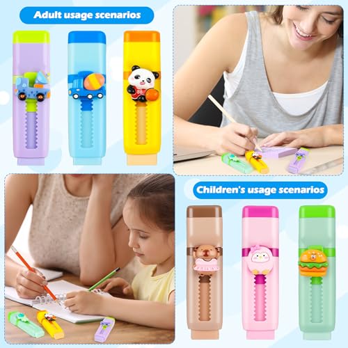 24 Pcs 2-in-1 Cute Retractable Eraser with Pencil Sharpener, Cute Kawaii School Supplies for Kids, Fun Cartoon Design for Classroom, Party Favors and Back to School Gifts